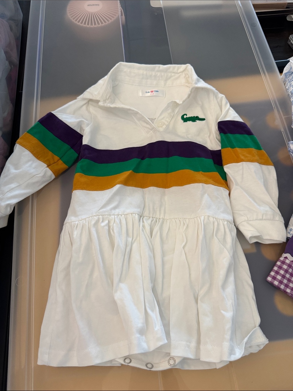 MARDI GRAS Girls' White Rugby Stripe Dress with Green Logo